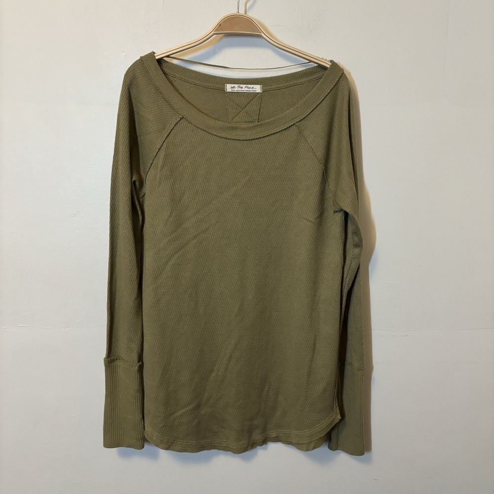 We The Free People Snowy Thermal Shirt Top Olive Green S Boho Off‎ the Shoulder